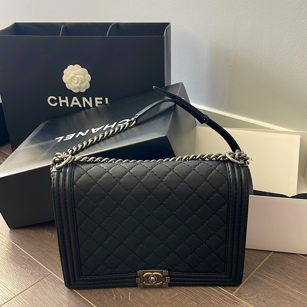 Chanel Le Boy handbag for sale, black with silver hardware. 100% authentic.